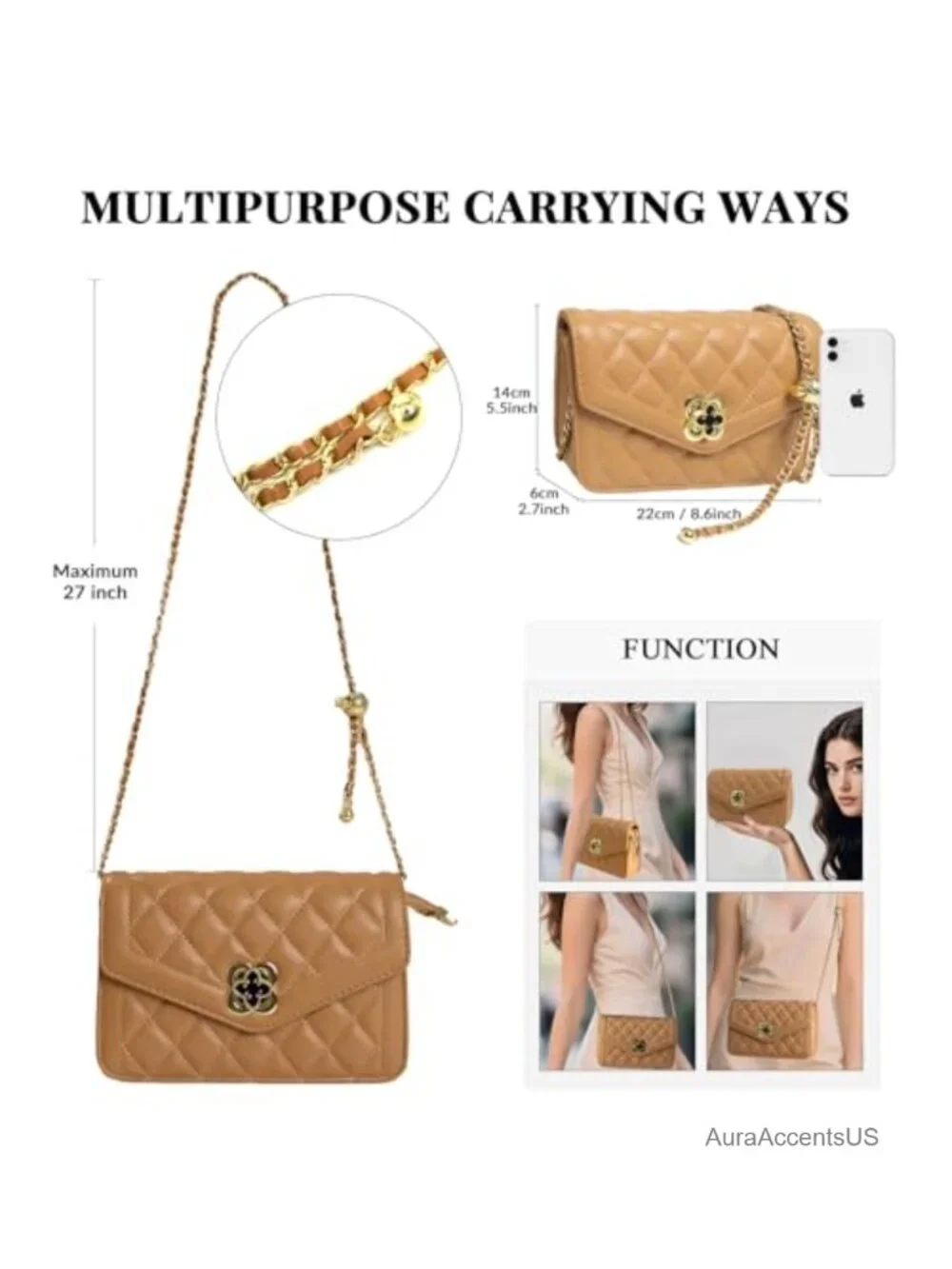 Quilted Faux Leather Crossbody Bag with Chain Strap 3-Way Carry